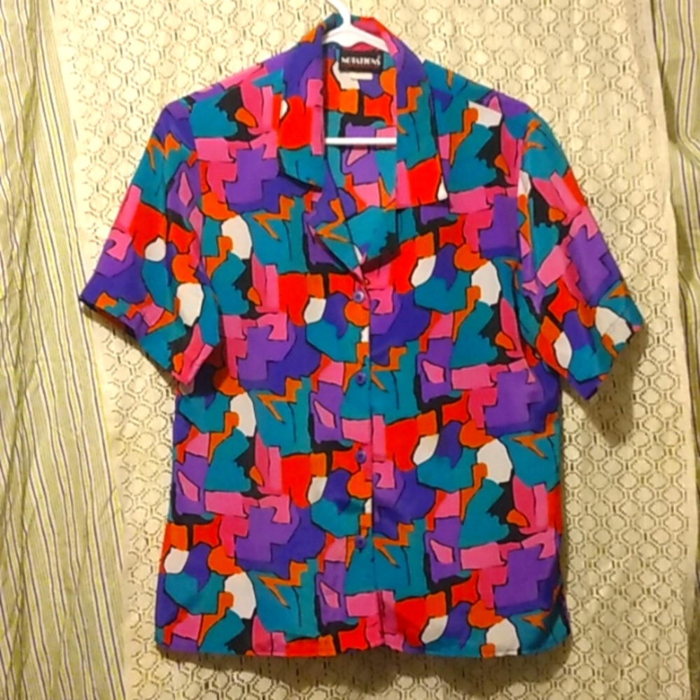 Notations Mod Abstract 80s vintage bright colors short sleeve blouse 42 BUST